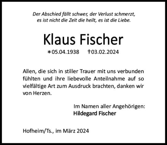 Traueranzeige von Klaus Fischer von Wiesbadener Kurier