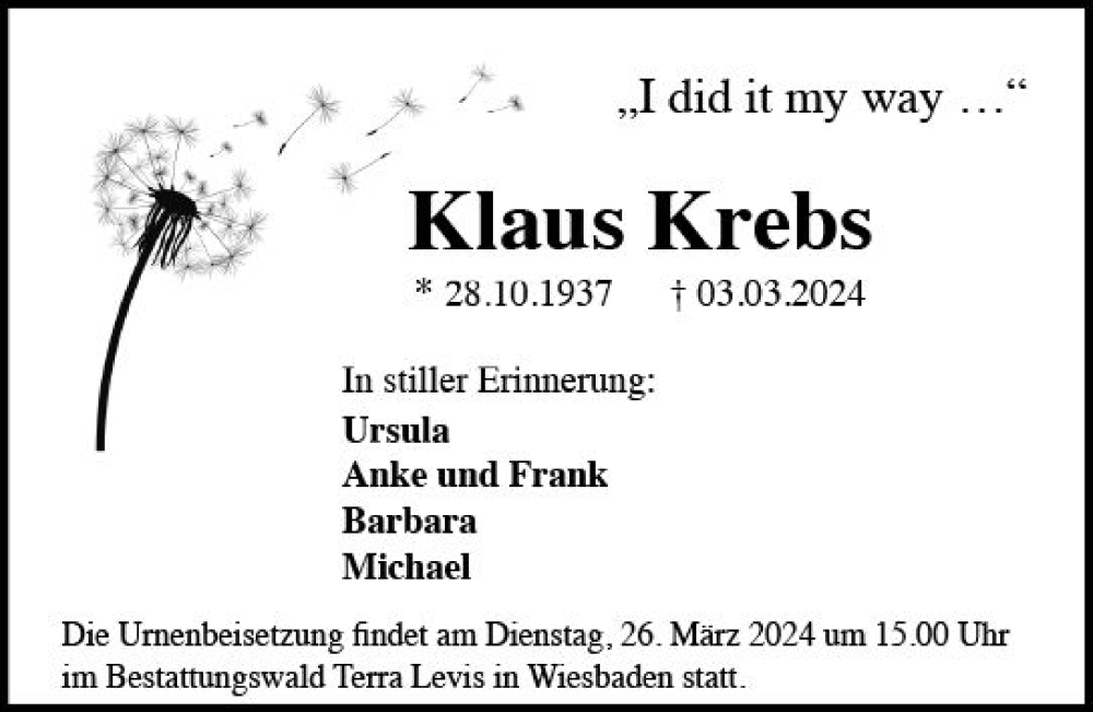  Traueranzeige für Klaus Krebs vom 09.03.2024 aus Wiesbadener Kurier