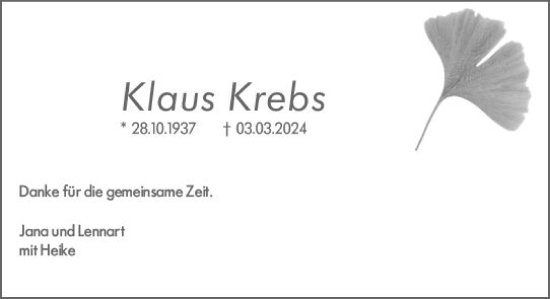 Traueranzeige von Klaus Krebs von Wiesbadener Kurier