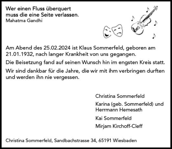 Traueranzeige von Klaus Sommerfeld von Wiesbadener Kurier