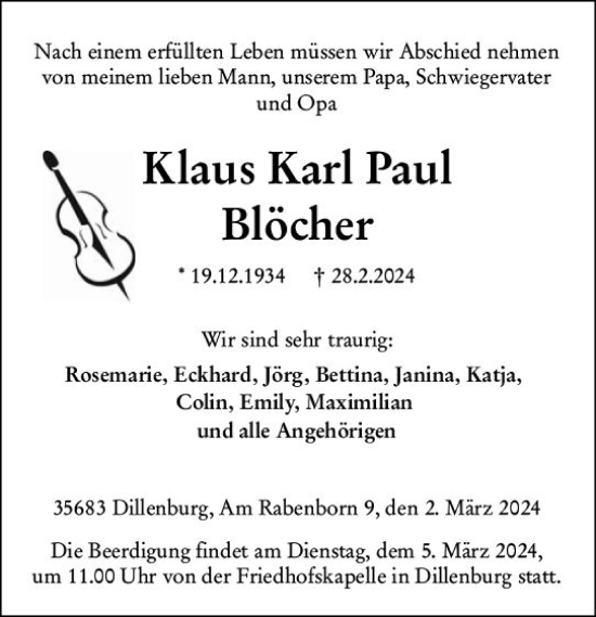 Traueranzeige von Klaus Karl Paul Blöcher von Dill Block