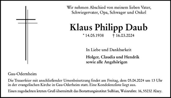 Traueranzeige von Klaus Philipp Daub von Allgemeine Zeitung Alzey
