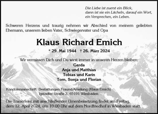 Traueranzeige von Klaus Richard Einich von Wiesbadener Kurier