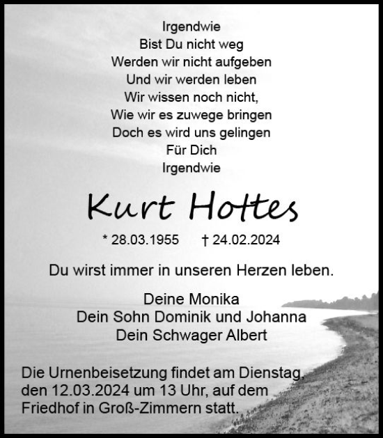Traueranzeige von Kurt Hottes von Dieburger Anzeiger/Groß-Zimmerner Lokal-Anzeiger