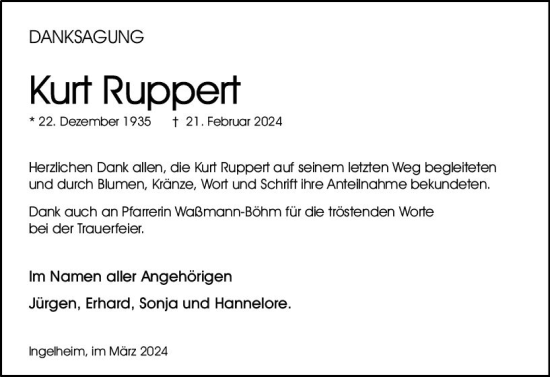 Traueranzeige von Kurt Ruppert von Allgemeine Zeitung Bingen/Ingelheim