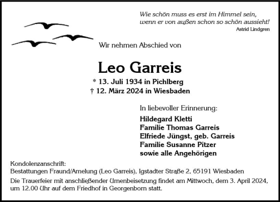 Traueranzeige von Leo Garreis von Wiesbadener Kurier