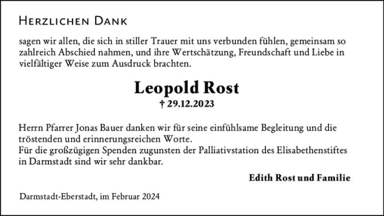 Traueranzeige von Leopold Rost von Darmstädter Echo