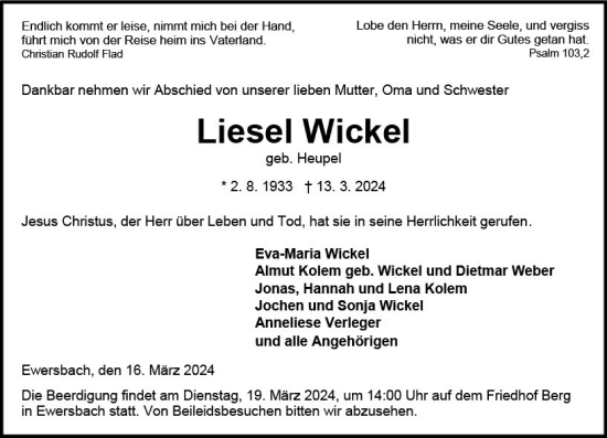 Traueranzeige von Liesel Wickel von Dill Block