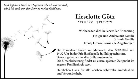 Traueranzeige von Lieselotte Götz von Wetzlarer Neue Zeitung