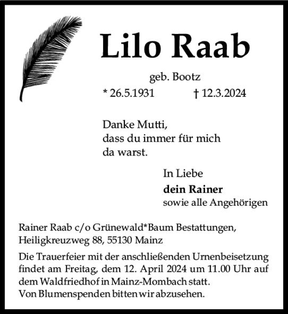  Traueranzeige für Lilo Raab vom 30.03.2024 aus Allgemeine Zeitung Mainz