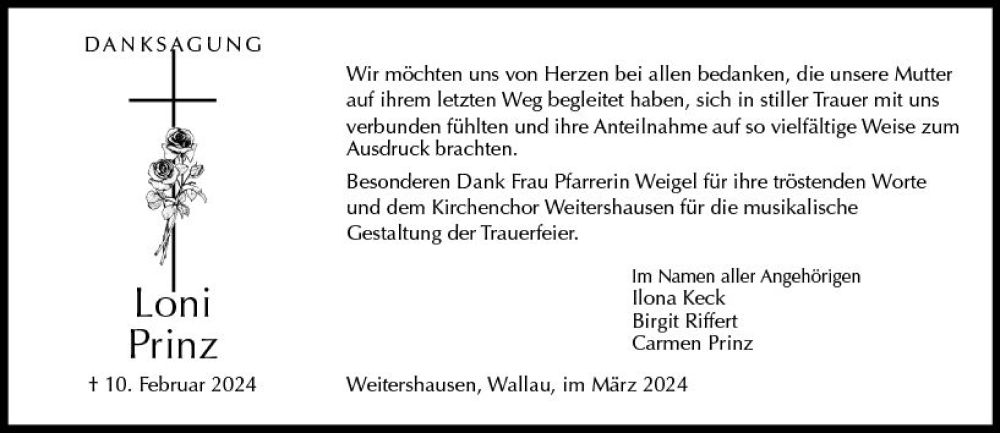  Traueranzeige für Loni Prinz vom 09.03.2024 aus Hinterländer Anzeiger