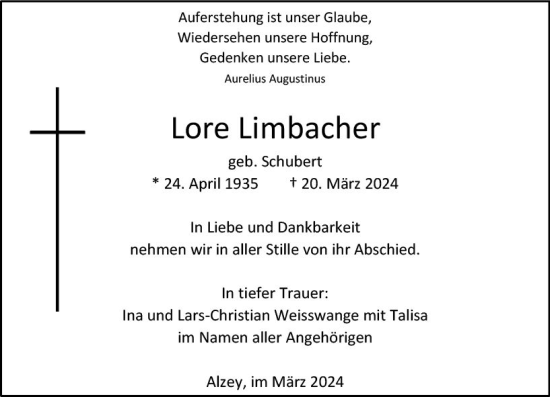 Traueranzeige von Lore Limbacher von Allgemeine Zeitung Alzey