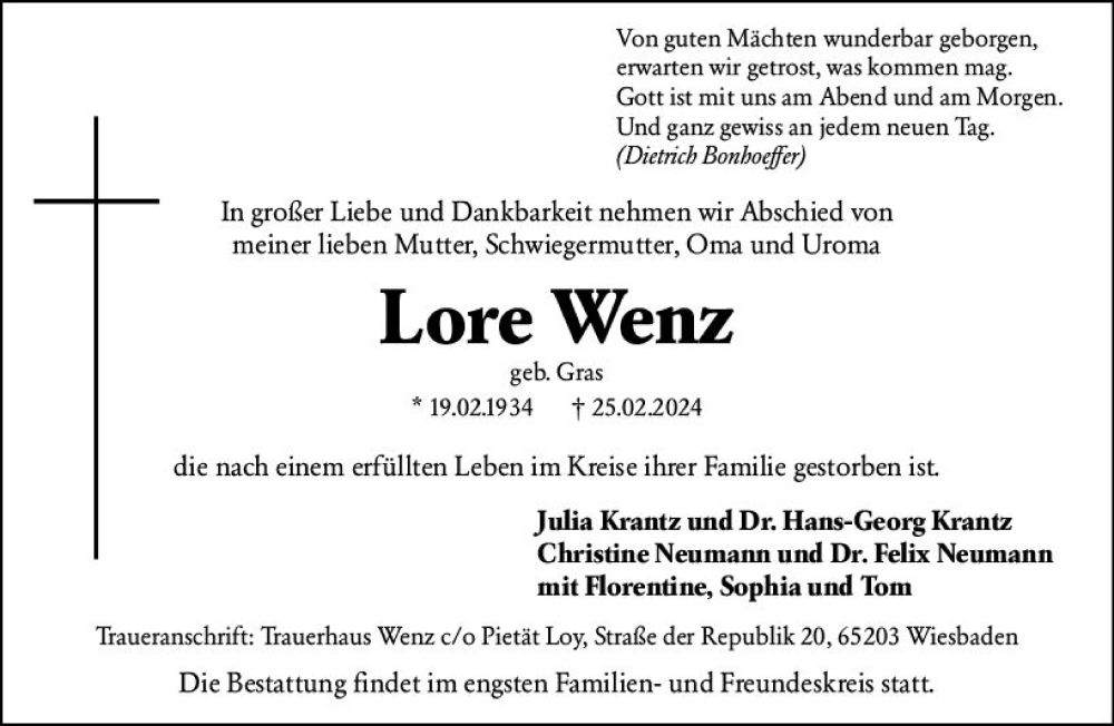  Traueranzeige für Lore Wein vom 16.03.2024 aus Wiesbadener Kurier