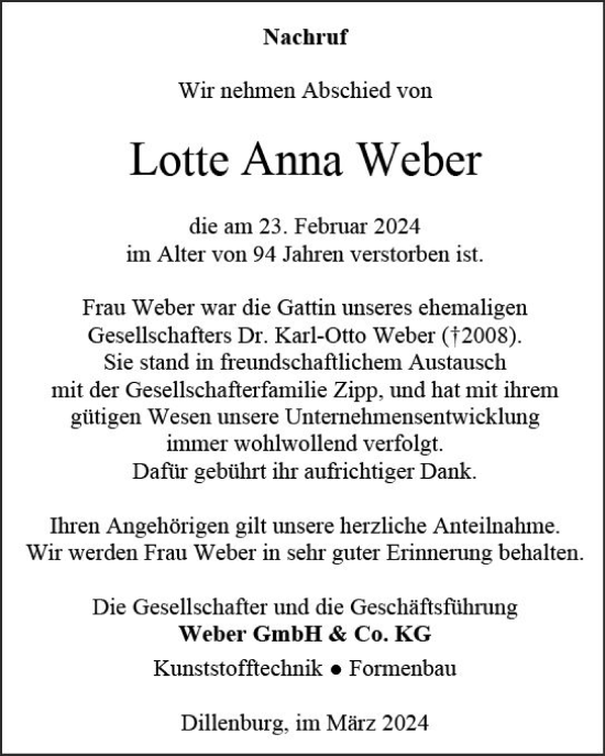 Traueranzeige von Lotte Anna Weber von Dill Block