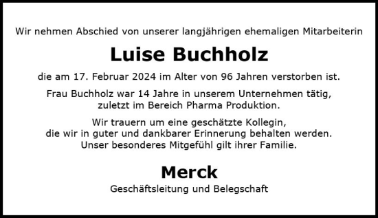 Traueranzeige von Luise Buchholz von Darmstädter Echo