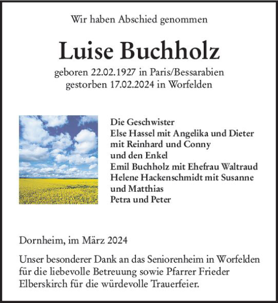 Traueranzeige von Luise Buchholz von Groß-Gerauer Echo