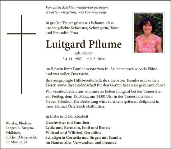 Traueranzeige von Luitgard Pflume von Wetzlarer Neue Zeitung