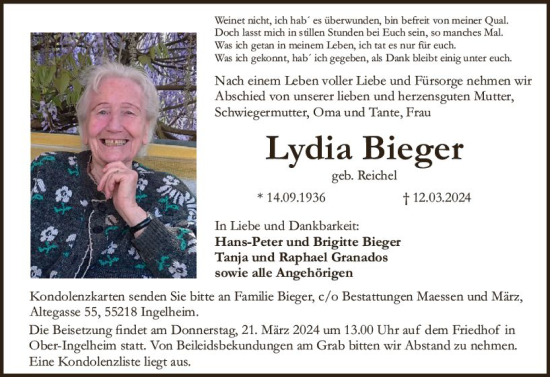 Traueranzeige von Lydia Bieger von Allgemeine Zeitung Bingen/Ingelheim