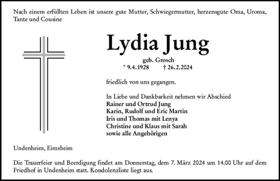 Traueranzeige von Lydia Jung von Allgemeine Zeitung Mainz