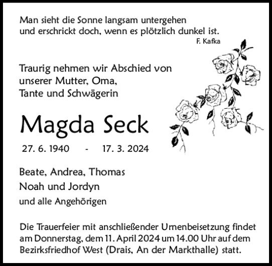 Traueranzeige von Magda Seck von Allgemeine Zeitung Mainz