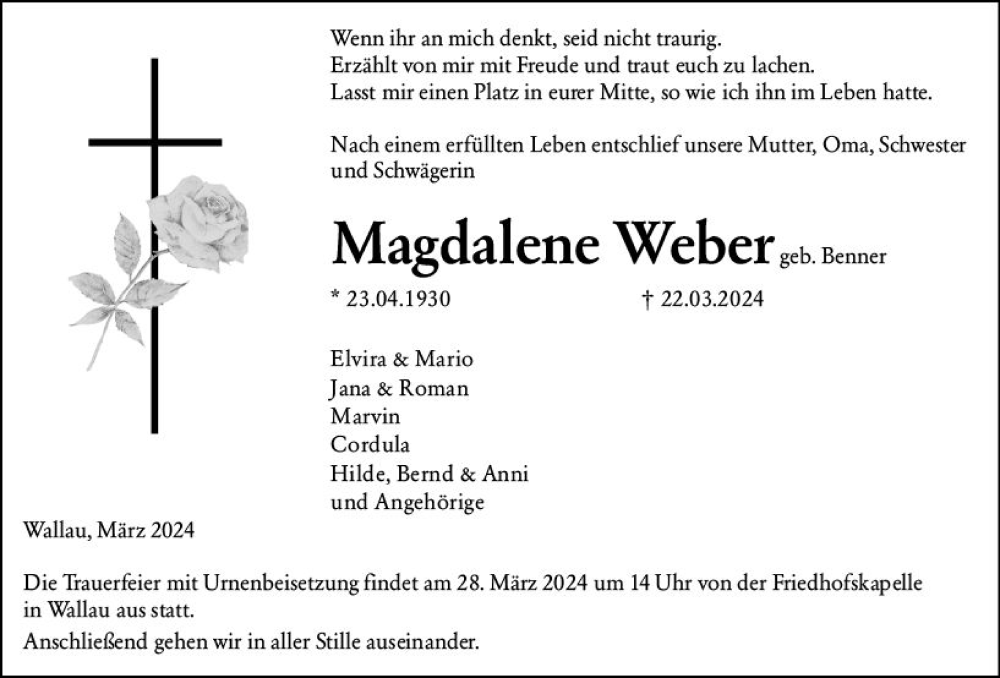  Traueranzeige für Magdalene Weber vom 26.03.2024 aus Hinterländer Anzeiger