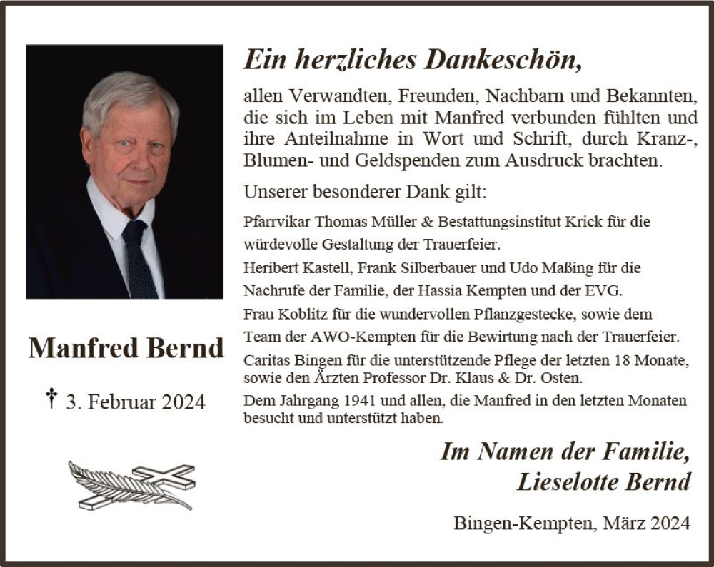  Traueranzeige für Manfred Bernd vom 09.03.2024 aus Binger-/Ingelheimer Wochenblatt