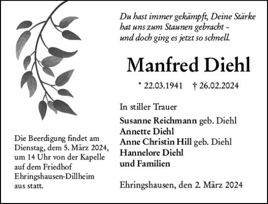 Traueranzeige von Manfred Diehl von Wetzlarer Neue Zeitung