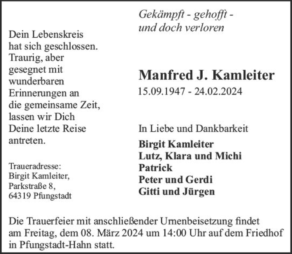  Traueranzeige für Manfred Kamleiter vom 02.03.2024 aus Darmstädter Echo