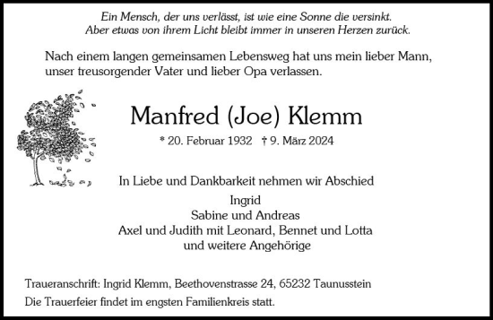 Traueranzeige von Manfred Klemm von Wiesbadener Kurier