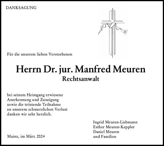 Traueranzeige von Manfred Meuren von Allgemeine Zeitung Mainz