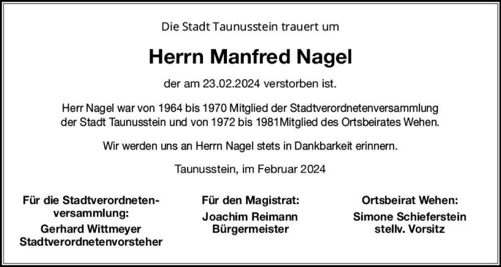  Traueranzeige für Manfred Nagel vom 09.03.2024 aus Idsteiner Land/Untertaunus