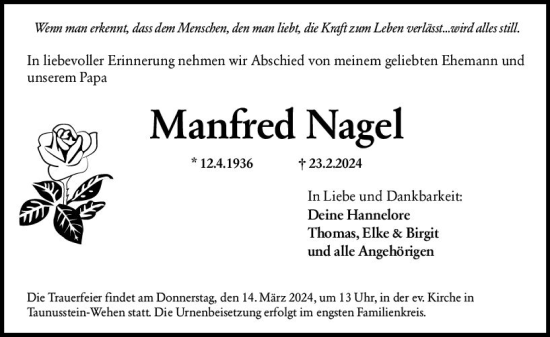 Traueranzeige von Manfred Nagel von Wiesbadener Kurier
