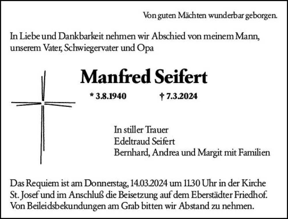  Traueranzeige für Manfred Seifert vom 09.03.2024 aus Darmstädter Echo
