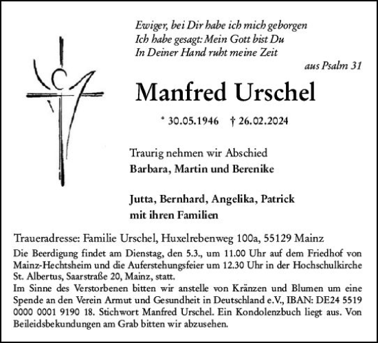 Traueranzeige von Manfred Urschel von Allgemeine Zeitung Mainz