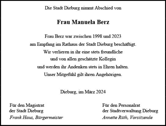 Traueranzeige von Manuela Berz von Dieburger Anzeiger/Groß-Zimmerner Lokal-Anzeiger