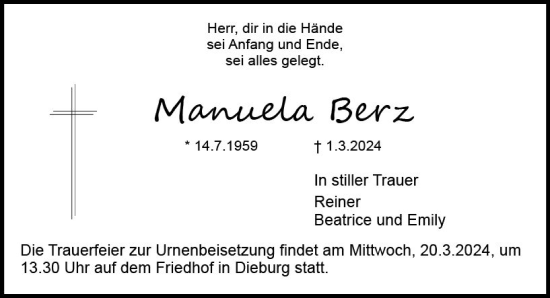 Traueranzeige von Manuela Berz von Dieburger Anzeiger/Groß-Zimmerner Lokal-Anzeiger