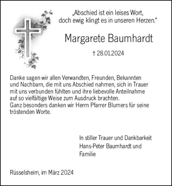 Traueranzeige von Margarete Baumhardt von Rüsselsheimer Echo