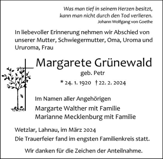 Traueranzeige von Margarete Grünewald von Wetzlarer Neue Zeitung