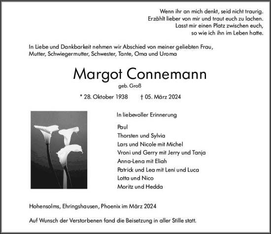 Traueranzeige von Margot Connemann von Wetzlarer Neue Zeitung