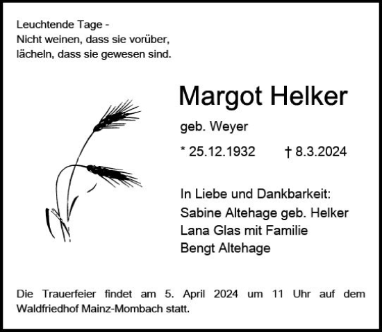Traueranzeige von Margot Helker von Allgemeine Zeitung Mainz
