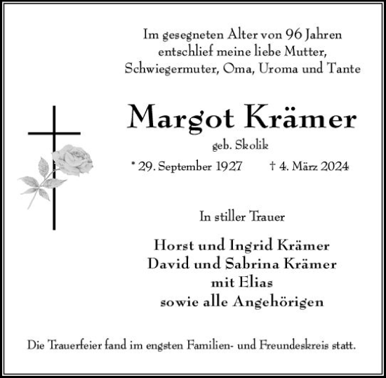 Traueranzeige von Margot Krämer von Wiesbadener Kurier