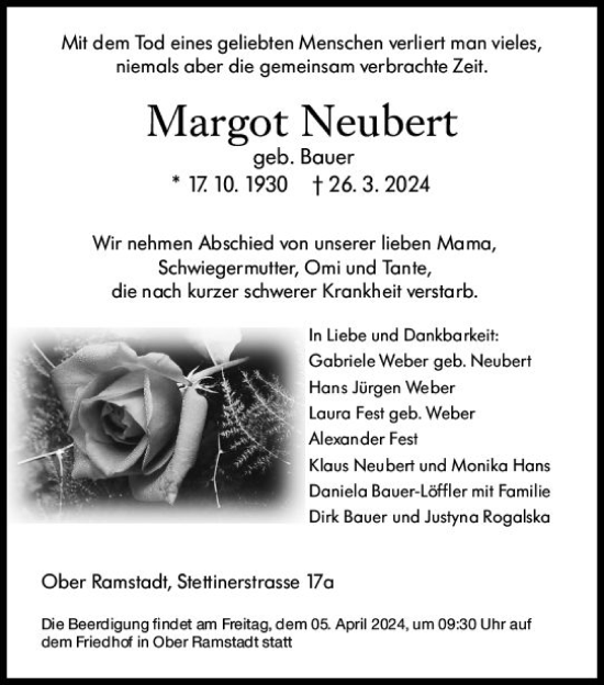 Traueranzeige von Margot Neubert von Darmstädter Echo