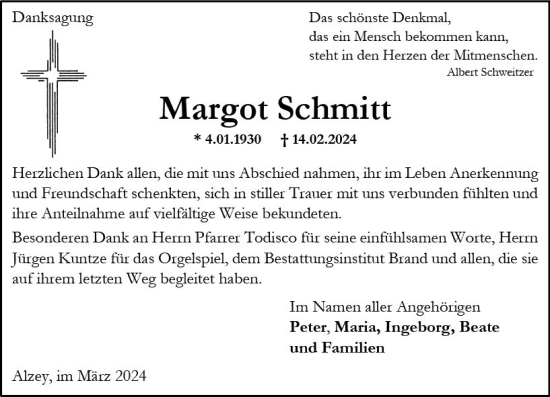 Traueranzeige von Margot Schmitt von Allgemeine Zeitung Alzey