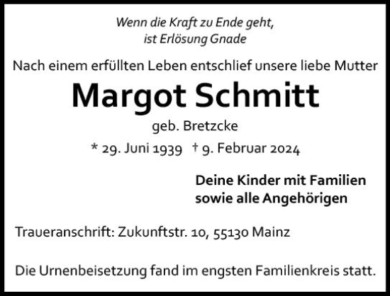 Traueranzeige von Margot Schmitt von Allgemeine Zeitung Mainz