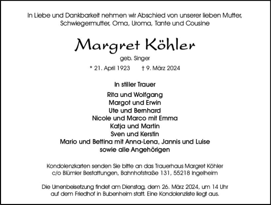 Traueranzeige von Margret Köhler von Allgemeine Zeitung Bingen/Ingelheim