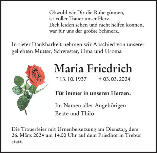 Traueranzeige von Maria Friedrich von Groß-Gerauer Echo