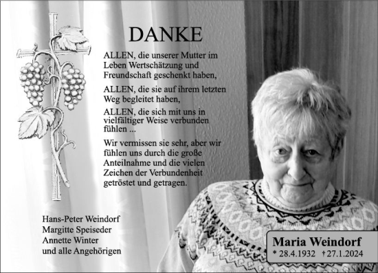 Traueranzeige von Maria Weindorf von Allgemeine Zeitung Mainz