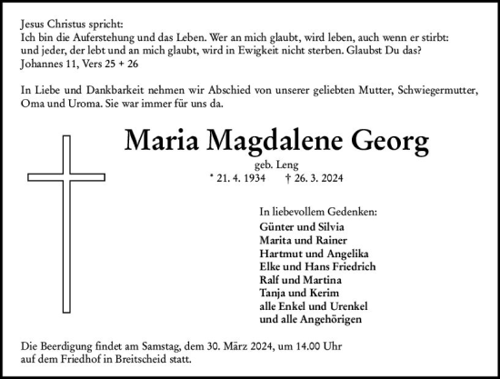 Traueranzeige von Maria Magdalene Georg von Dill Block
