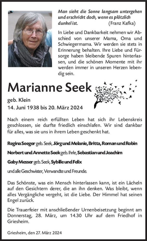  Traueranzeige für Marianne Seek vom 27.03.2024 aus Darmstädter Echo