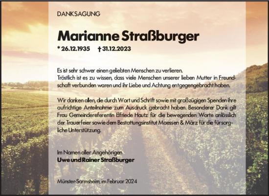 Traueranzeige von Marianne Straßburger von Allgemeine Zeitung Bingen/Ingelheim